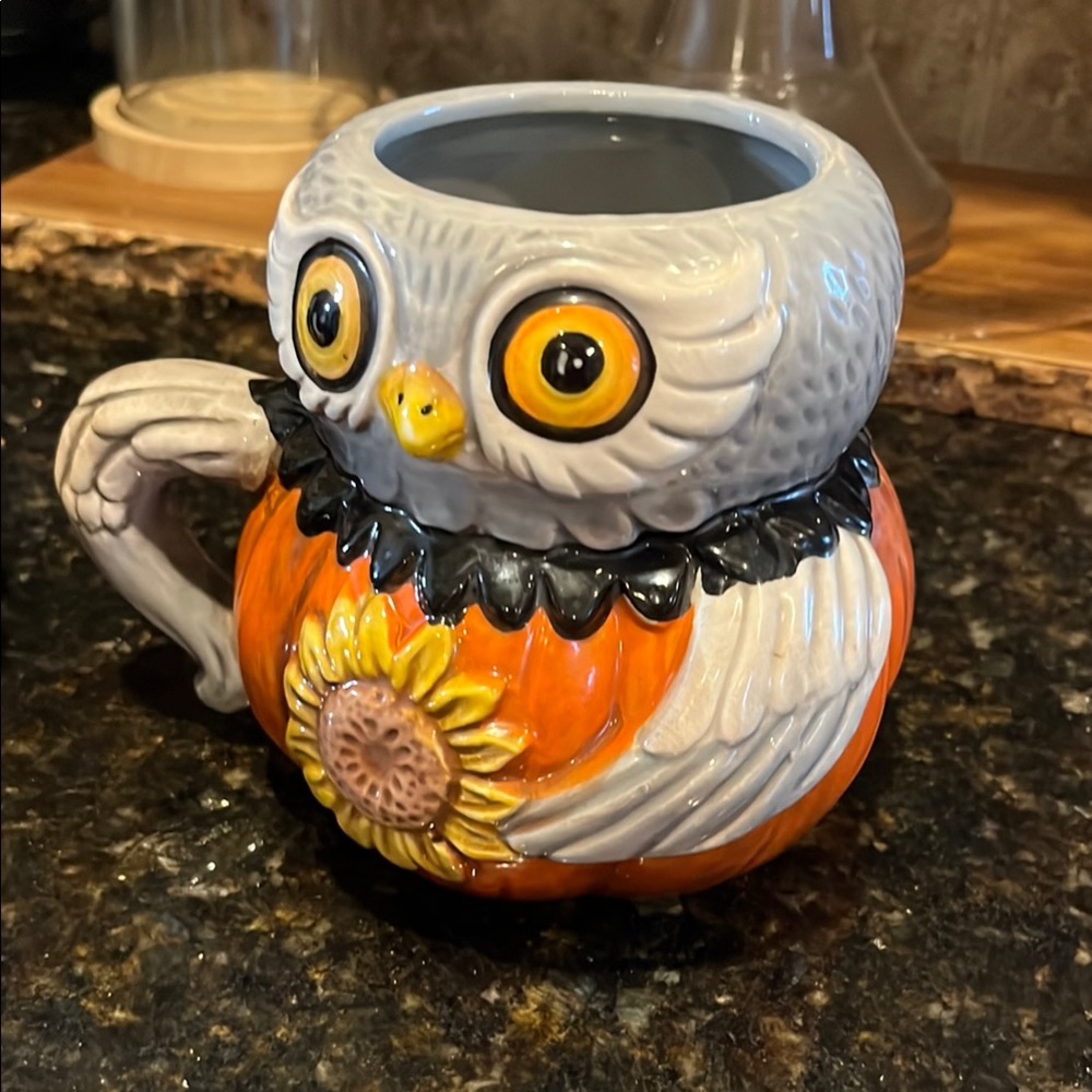 Joanne Parker  Owl Shaped Ceramic Mug with Sunflower Design